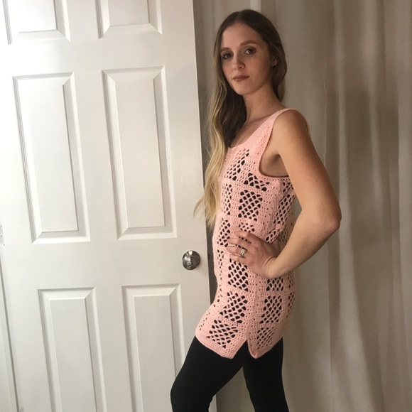 Vintage Pink Crocheted Sweater, Sweater Vest, Mini Dress, Grannycore Cottagecore - Picture 3 of 13